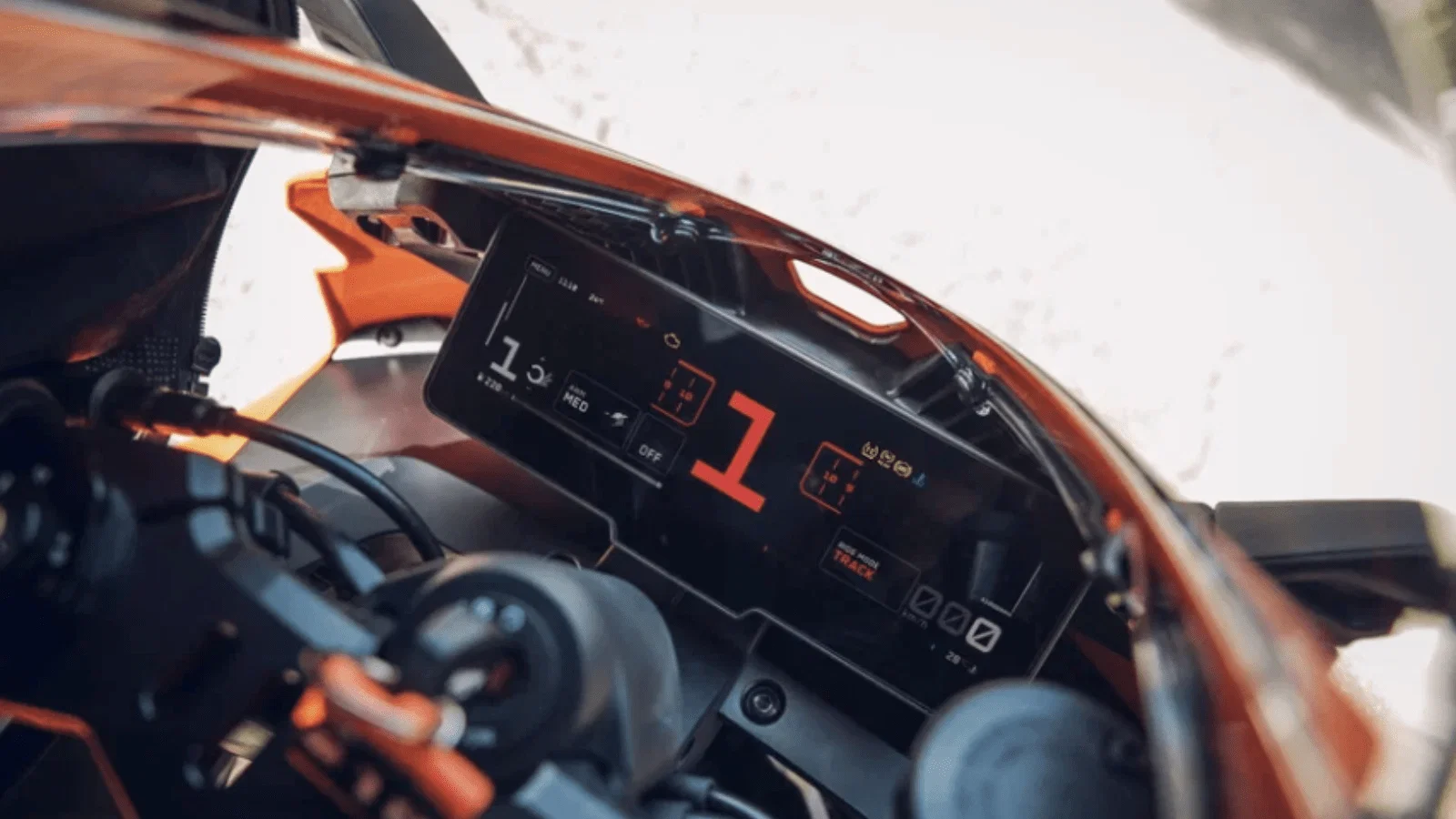 The dash on a 2026 KTM 990 RC R.